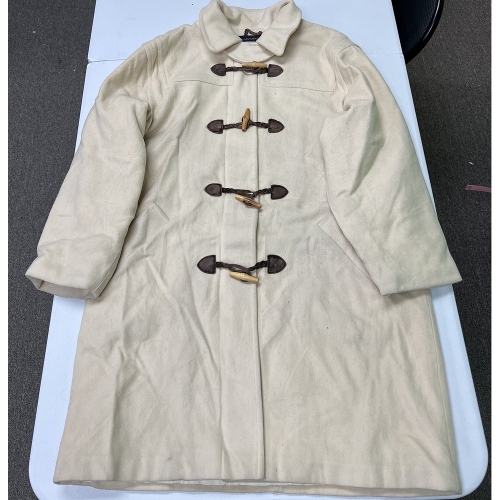L.L. Bean Duffle Coat Womens 16 Cream Wool Blend Plaid Lined Toggle Closure